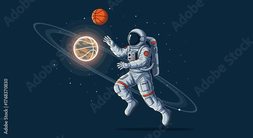 An astronaut playing basketball in outer space near a basketball-shaped planet