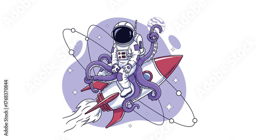 An astronaut rides a rocket with an octopus in space in a cartoonish illustration style