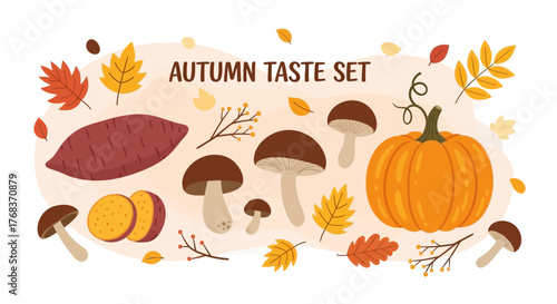 Autumn harvest vector illustration featuring pumpkin mushrooms sweet potato and falling leaves