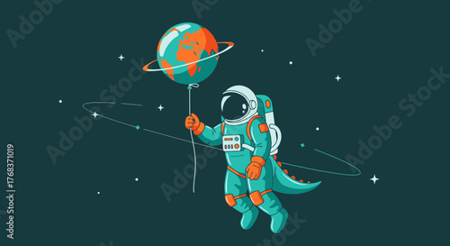Cartoon illustration of an astronaut dinosaur with earth balloon floating in space with stars