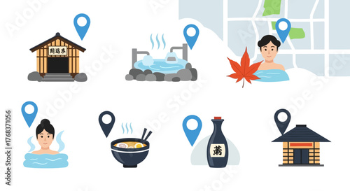 Charming depictions of Japanese onsen culture with traditional elements and culinary delights