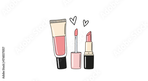 Charming Beauty Essentials: A Delicate Hand-Drawn Illustration of Lip Gloss and Lipstick with Hearts
