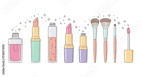 Charming cosmetic collection beautifully organized featuring lipsticks brushes and nail polish in