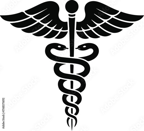 Caduceus Symbol Black Silhouette Vector – Medical Staff with Snakes and Wings on White Background