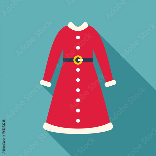 Festive christmas dress, perfect for holiday celebrations, featuring a vibrant red color, white fur trim, and a gold buckle belt