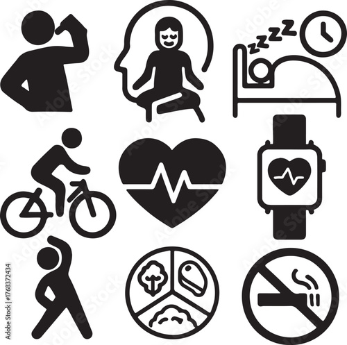 Healthy routine lifestyle icon pack vector for wellness, fitness, and balanced daily habits design.