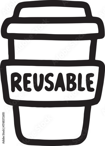 Minimalist reusable cup doodle vector icon for eco-friendly lifestyle and sustainable habits.