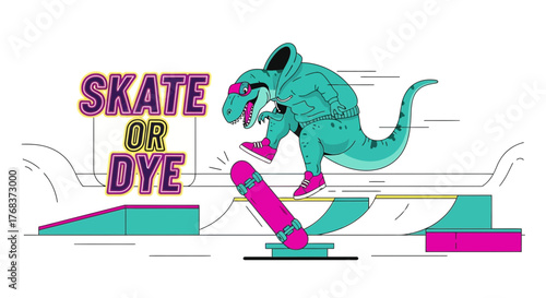 Cartoon dinosaur skateboarder with hoodie in a skate park with Skate or Dye text graphic