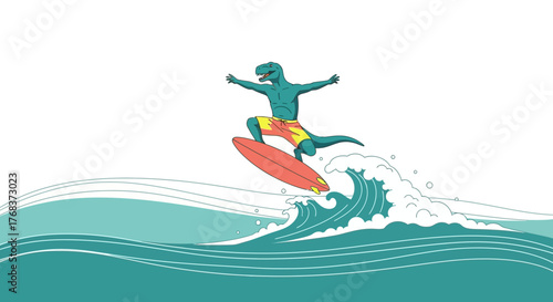 Cartoon Illustration of a Dinosaur Surfing a Wave on a Bright Sunny Day at the Beach
