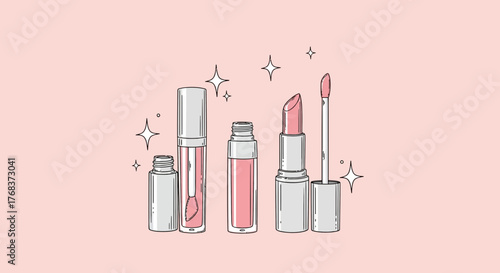 Charming pink cosmetic collection featuring lipstick and lip gloss for beauty and fashion trends