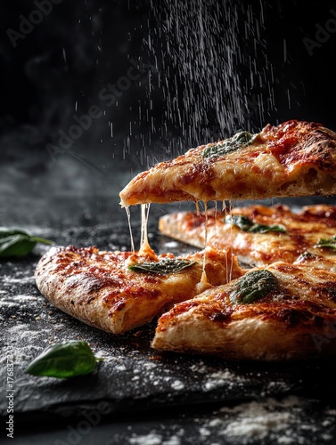 indulge in the rustic charm: slice of margherita pizza with dramatic lighting - perfect for a sporty interior poster!