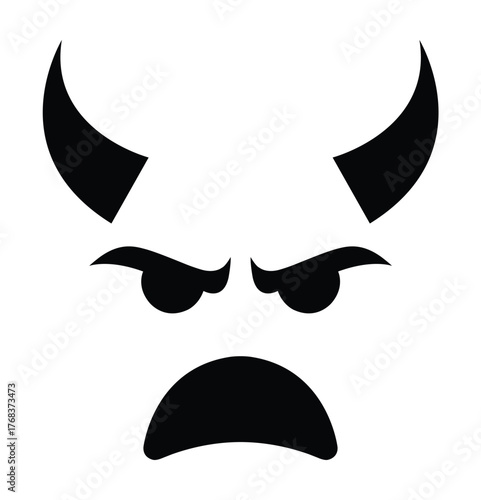 Angry Devil Face Vector Icon with Horns - Evil Eyes, and Open Mouth, Black and White Silhouette Isolated on a Transparent Background for Halloween and Demon Concepts.
