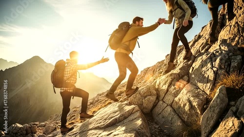 Hikers assist each other ascending a steep, rocky mountain trail at sunrise.