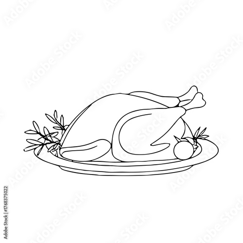 Line drawing of roast chicken on a platter with herbs and lemon  