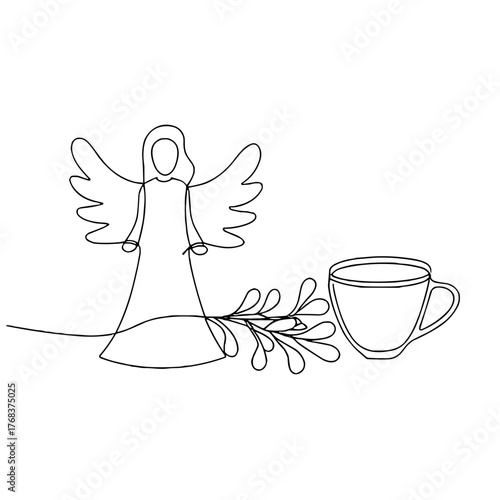 Line drawing of angel figurine with cup and branch decoration  