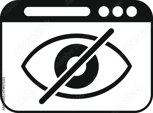Black and white icon of a crossed out eye within a simple browser window, representing hidden content, invisibility, or privacy