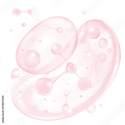 Pink peptide serum capsules with molecular structure isolated on white background. Ideal for anti aging skincare, beauty science, whitening product, and cosmetic innovation design