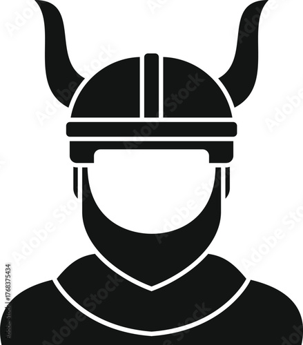 Black and white vector icon of a viking warrior wearing a horned helmet and a beard