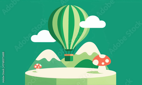 Green hot air balloon floating over mountains with mushrooms, flat design