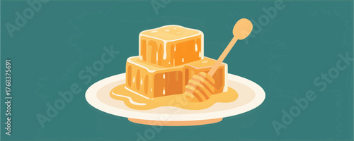 Honeycomb dessert with drizzled honey and dipper on plate, flat design