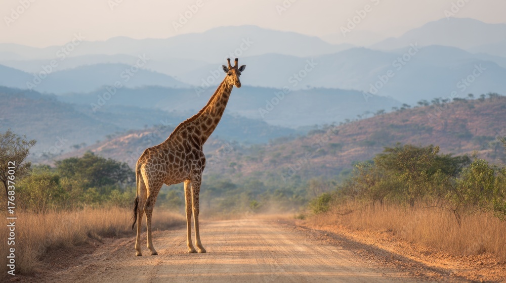 Obraz premium A giraffe gazes curiously while standing on a dirt road at dusk framed by rolling hills.