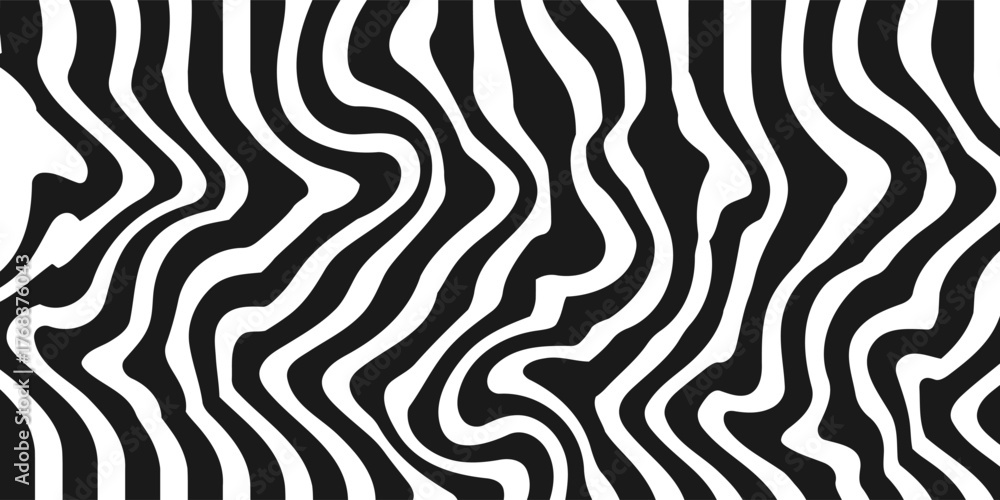 Fototapeta premium Black and white abstract background. Waves shape decoration. Optical illusion stripes style. Modern graphic design element with distorted lines concept for web, poster, flyer, card cover, or brochure