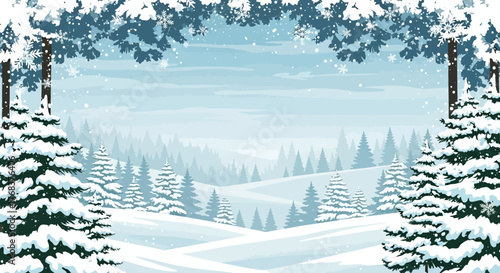 A serene winter landscape featuring snow-covered trees and gentle slopes, evoking a sense of