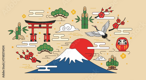 A vibrant and detailed illustration showcasing traditional Japanese symbols and motifs