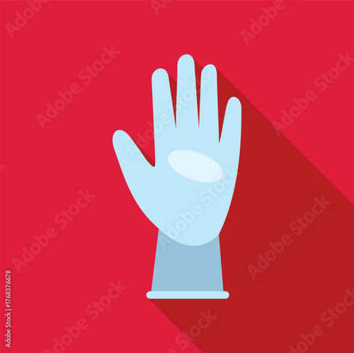 Light blue medical glove protecting hand on red background, representing healthcare, hygiene, and safety