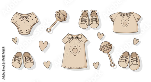 Adorable baby girl essentials composition illustration perfect for nursery or invitation cards