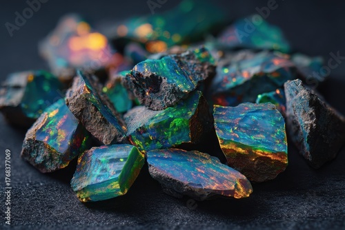 Raw black opal fragments with iridescence