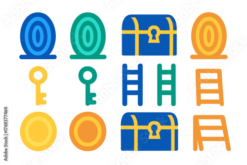 Colorful flat design icons of game elements including treasure chests keys and ladders