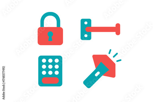 Digital security symbols set featuring a closed padlock, door latch, numerical keypad, and light beam scanner