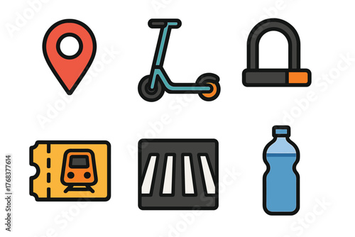 Essential symbols for city navigation and daily life including location pin electric scooter and transport ticket
