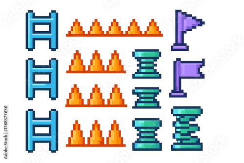 Retro 8-bit style game elements including ladders, spike traps, pipes, and checkpoint flags