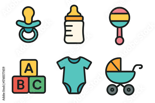 Essential newborn baby care items set with feeding bottle, pacifier, rattle, and bodysuit