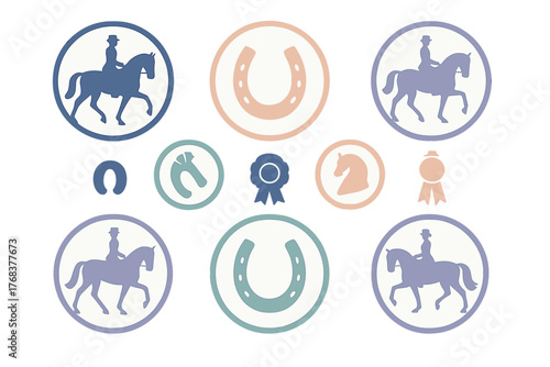 Silhouettes of equestrian sport symbols including horse rider, horseshoes, and award ribbons