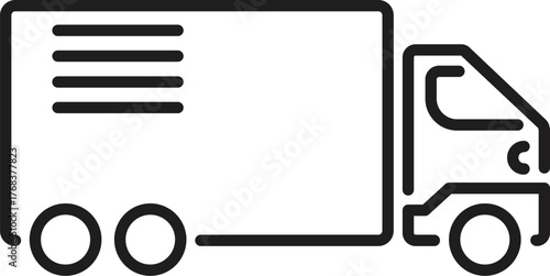 Simple black and white line art icon of a delivery truck, symbolizing transportation, shipping, and logistics