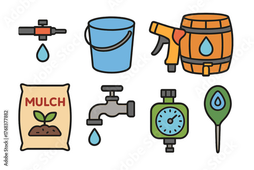 Gardening and water conservation equipment set featuring faucet, bucket, rain barrel, and mulch bag