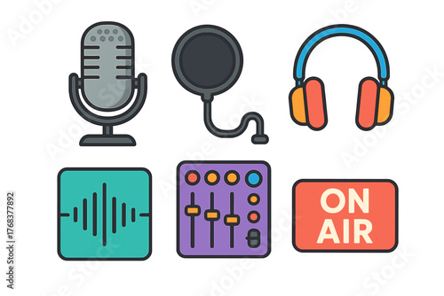 Professional audio recording and broadcasting equipment icons set featuring microphone headphones and sound mixer