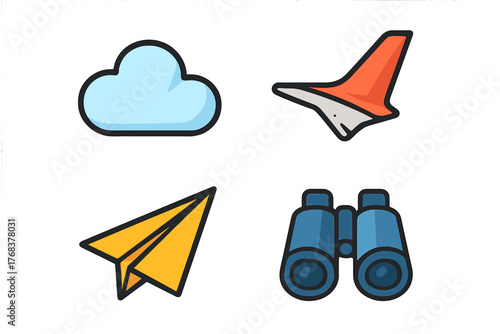 Travel and navigation symbols: cloud, paper plane, binoculars, airplane tail fin