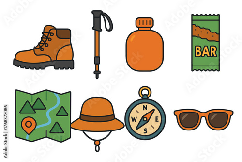 Essential outdoor hiking and trekking equipment set including boots map compass and water bottle