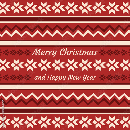 Merry Christmas and Happy New Year postcard in traditional knitted sweater style. Festive seamless pattern. Cozy holiday atmosphere with warm colors and cheerful mood. Flat vector illustration.