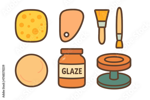 Collection of essential pottery and ceramics tools including glaze, brushes, sponge, and clay