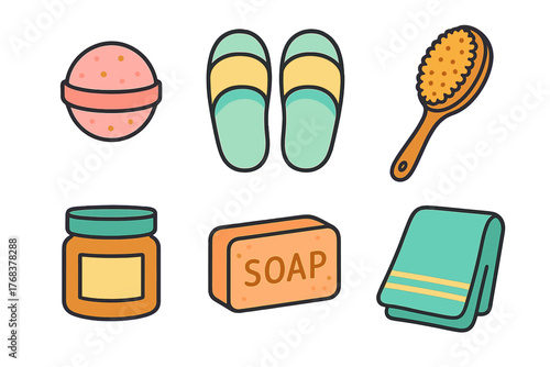 Colorful collection of bath and spa accessories including soap, towel, and slippers