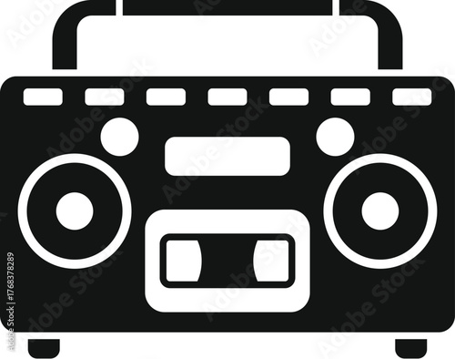 Black silhouette of vintage boombox playing a cassette tape, featuring a handle and speakers, evoking nostalgia for the golden age of music