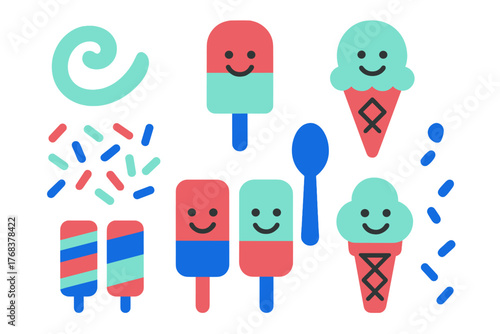 Colorful assortment of frozen desserts featuring ice cream cones popsicles and candy sprinkles