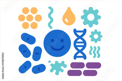 Abstract biological icons of DNA structure, happy bacteria, and probiotic capsules