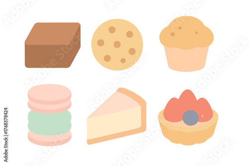 Assortment of popular baked goods including cookies macarons cheesecake muffin and fruit tart