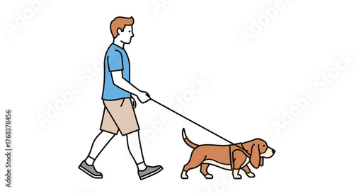 Young man enjoying leisure walk with his pet, a cute brown basset hound illustration